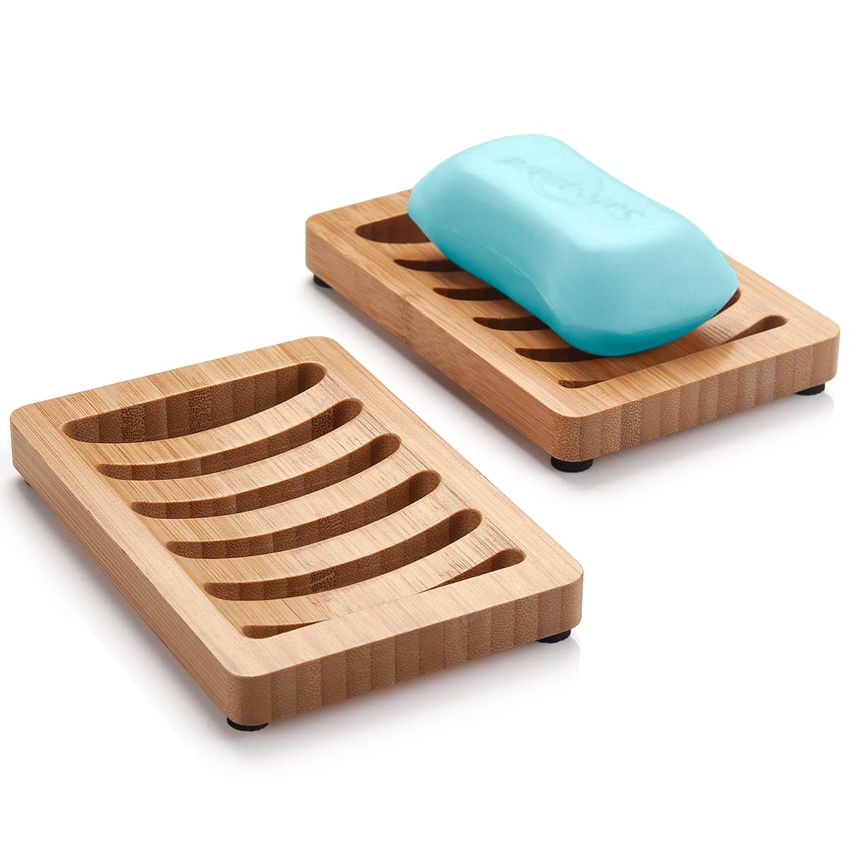 Self-Draining Bamboo Soap Dish with Rubber Feet, 2 Pack