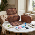 Large PU Leather Hanging Toiletry Bag with 8 Bottle Covers, Brown