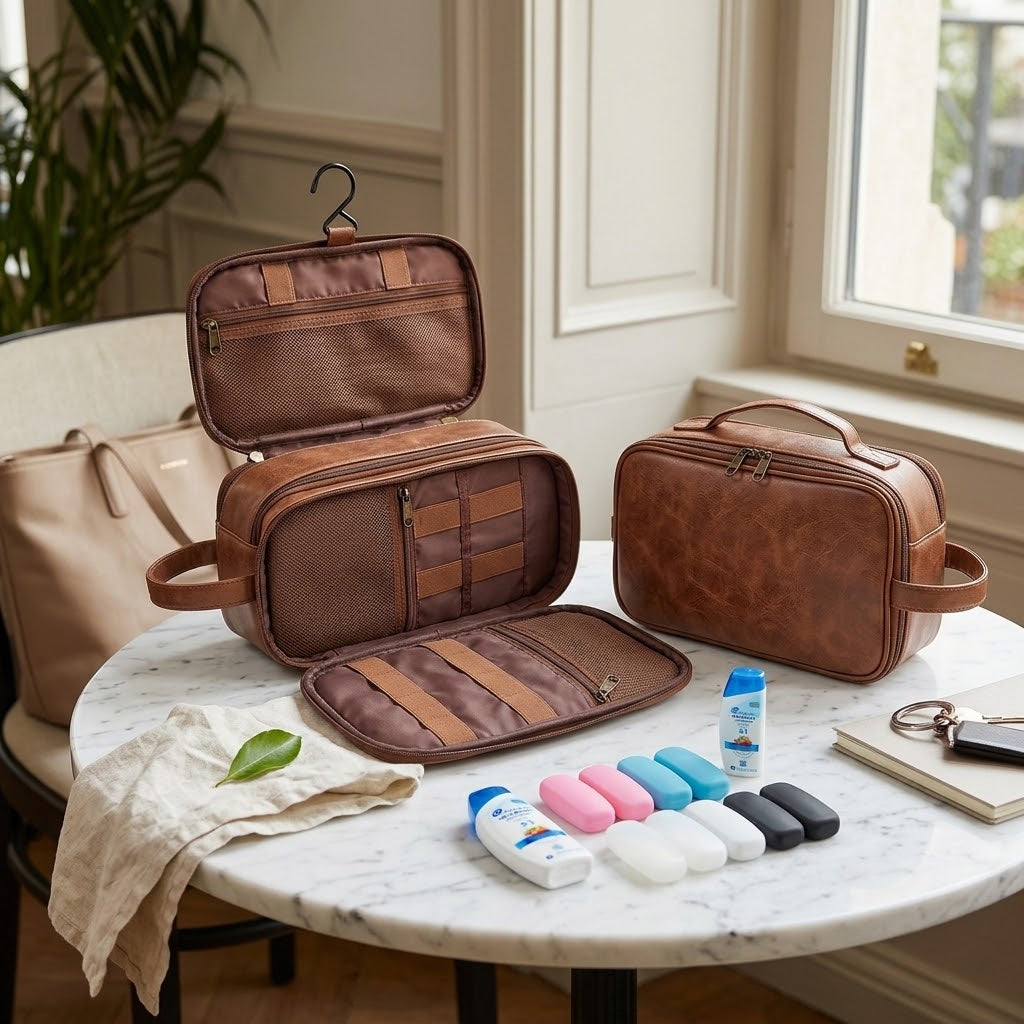 Large PU Leather Hanging Toiletry Bag with 8 Bottle Covers, Brown