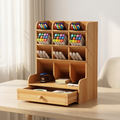 Wooden Desk Organizer with Drawer and Pen Holder Compartments