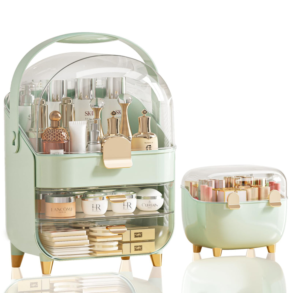 3-Tier Dustproof Makeup and Skincare Organizer with Lid, Green