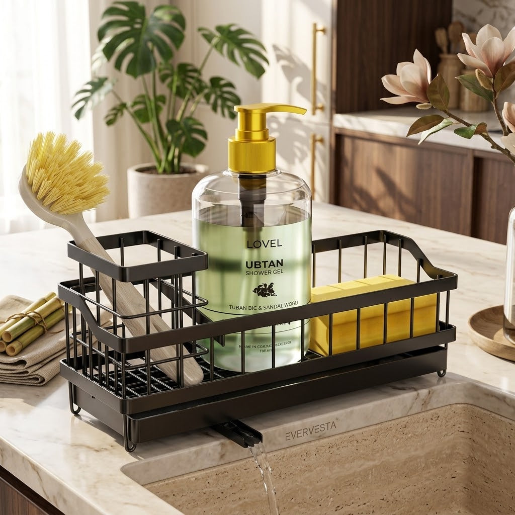 Black Sink Caddy Sponge Holder with Drain Tray