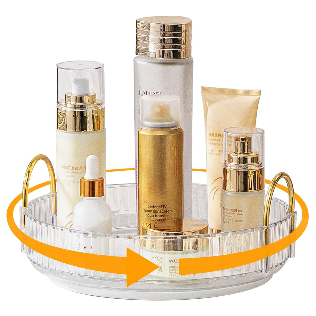360° Rotating Clear Makeup Organizer with Gold Steel Sides, 1 Tier