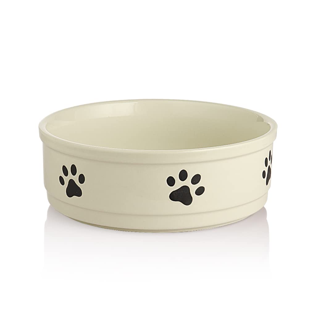 Heavy Porcelain Dog Bowl with Paw Pattern, 70 oz, Beige