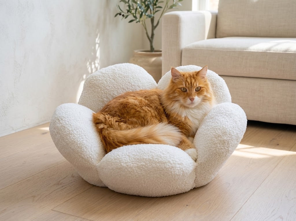 Flower-Shaped Plush Cat Bed with Water-Resistant Bottom, White