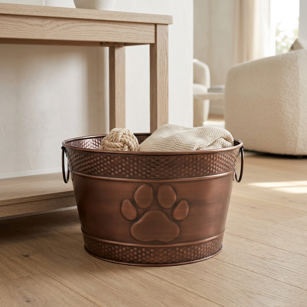 Metal Farmhouse Dog Toy Bin with Handles, Copper Finish