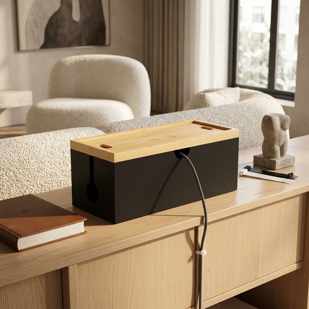 Bamboo Cable Management Box with Magnetic Lid, Medium, Black