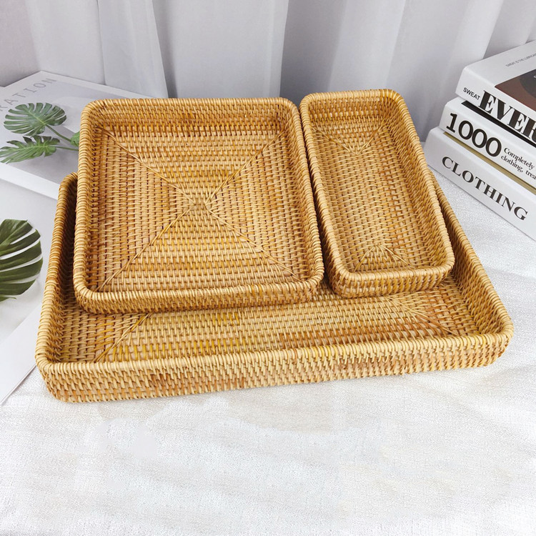 Woven Rattan Desktop Storage Tray, Japanese Style, 4 Sizes