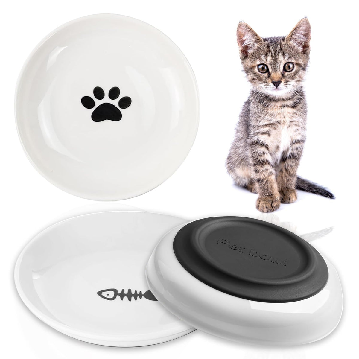 Shallow Ceramic Cat Bowls with Non-Slip Silicone Base, 3 Pack