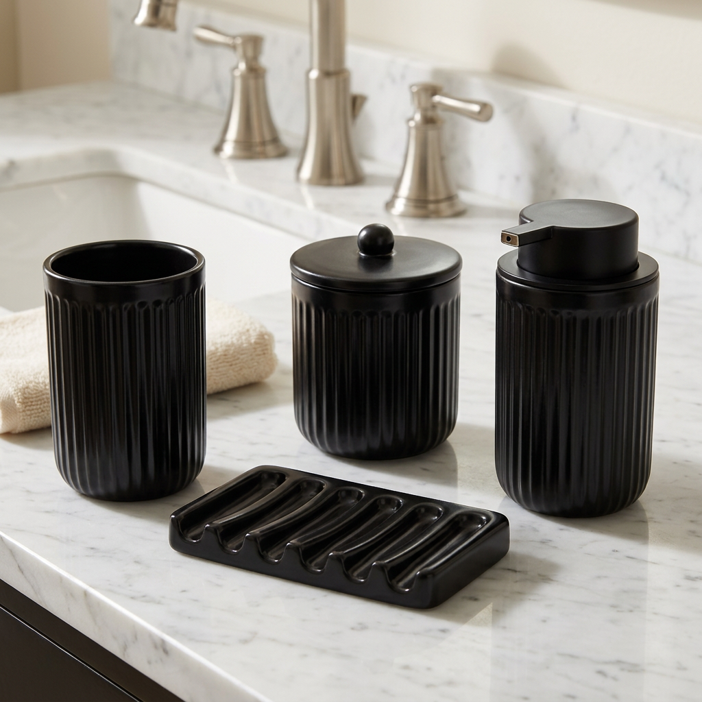 Black Ceramic Bathroom Accessories Set, Soap Dispenser and Jar, Four Pieces