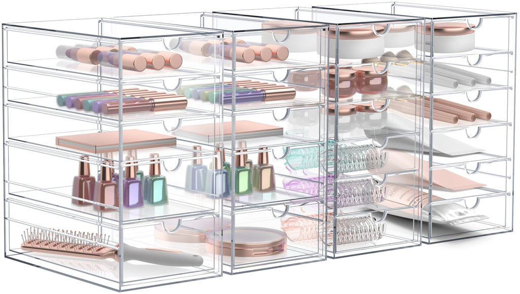 Clear Stackable Makeup Organizer with 22 Drawers, 4-Piece Set