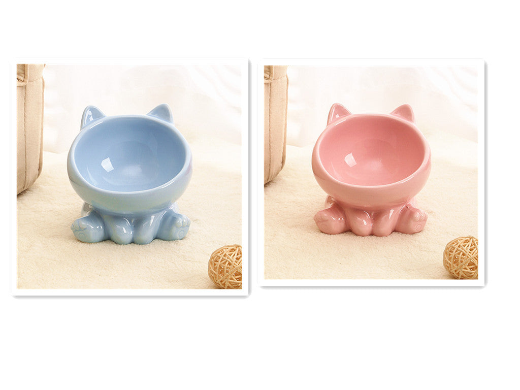 Elevated Tilted Ceramic Cat Bowl with Neck Guard