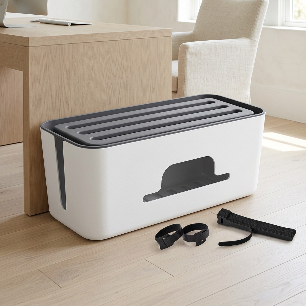 Cable Management Box with Built-In Phone Stand, 33 cm, with 8 Cable Ties