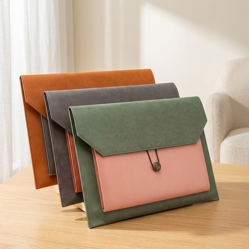 A4 PU Leather Document Bag, Three-Layer Storage, Button Closure
