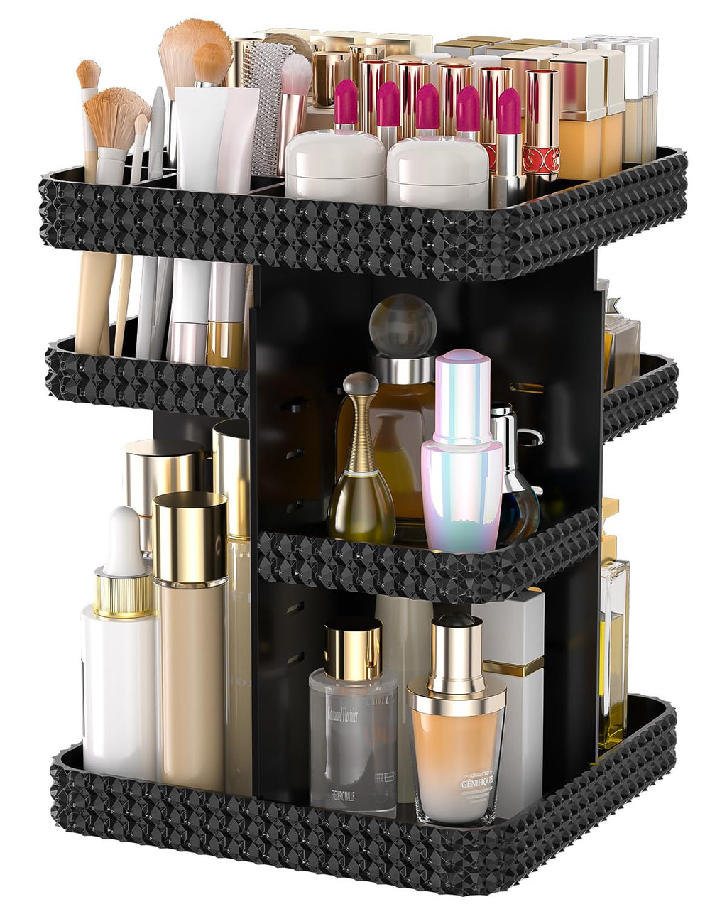 Rotating Acrylic Makeup and Perfume Organizer with Brush Holder, Black
