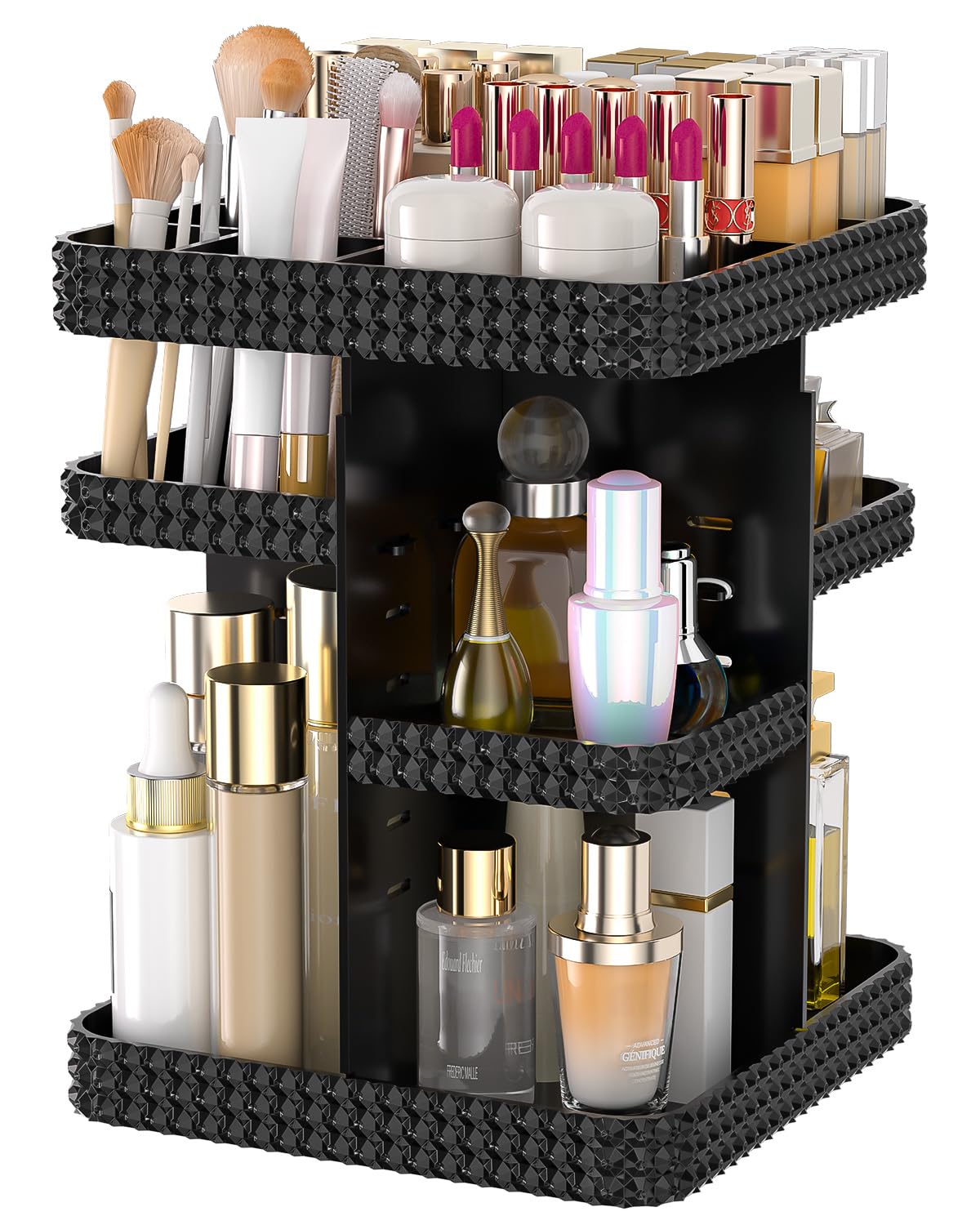 Rotating Acrylic Makeup and Perfume Organizer with Brush Holder, Black