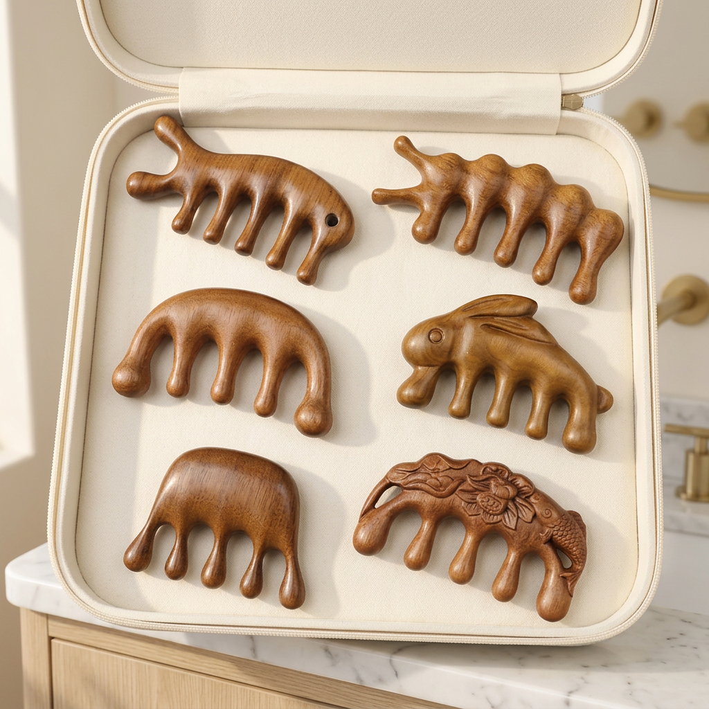 Golden Sandalwood Five-Tooth Scalp Massage Comb, Multiple Shapes