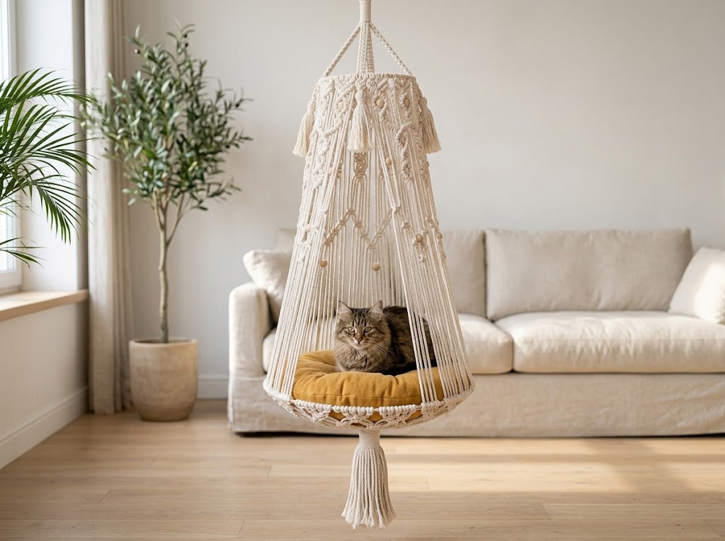 Macrame Hanging Cat Bed with Metal Ring, Holds 33 lb