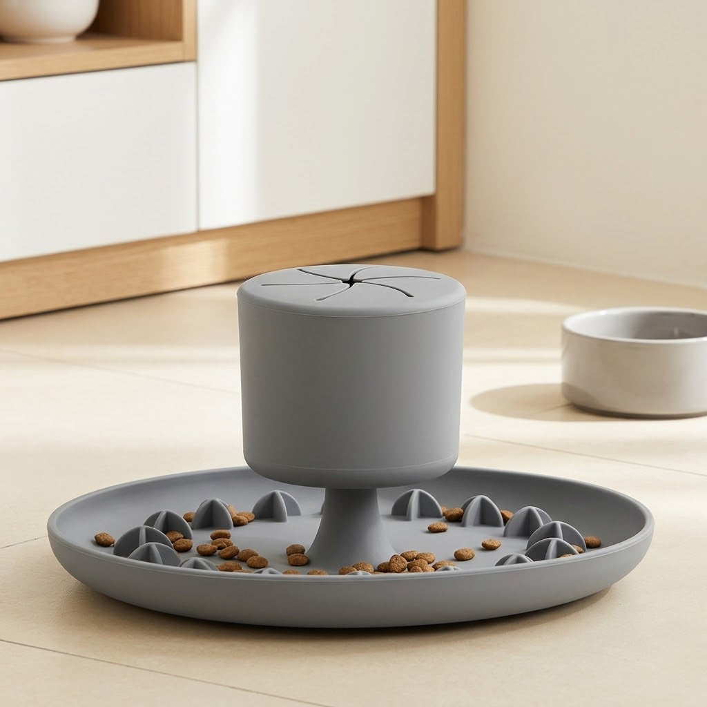 2-in-1 Wobble Slow Feeder Cat Bowl with Suction Base, Grey