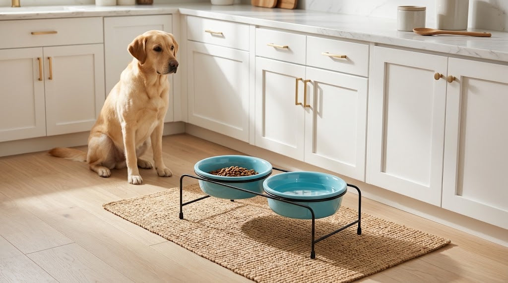 Raised Porcelain Pet Bowls with Metal Stand, 15 oz, Set of 2, Turquoise