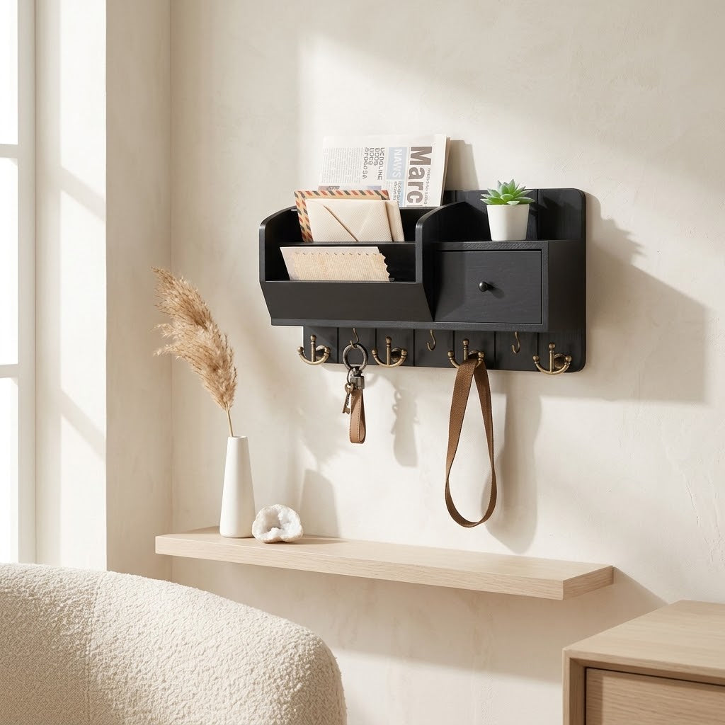Wall-Mount Key Holder and Mail Sorter with Drawer, Black