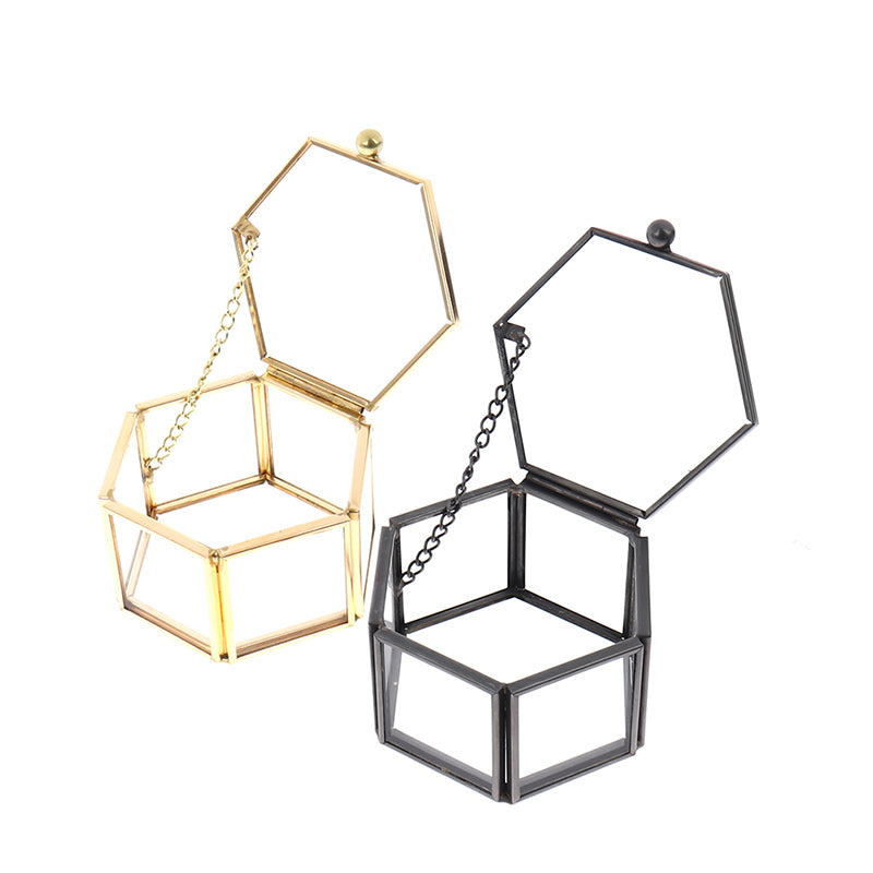 Hexagonal Clear Crystal Jewelry Box with Gold Trim, 8 x 7 cm