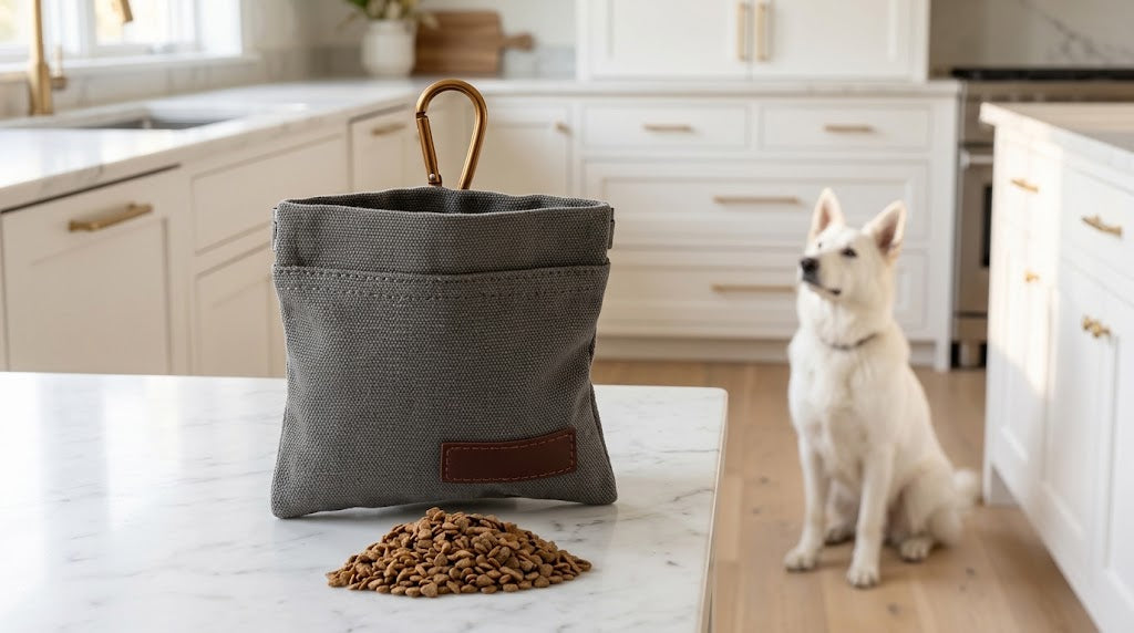 Canvas Dog Treat Pouch with Carabiner and Auto-Close Opening, Grey