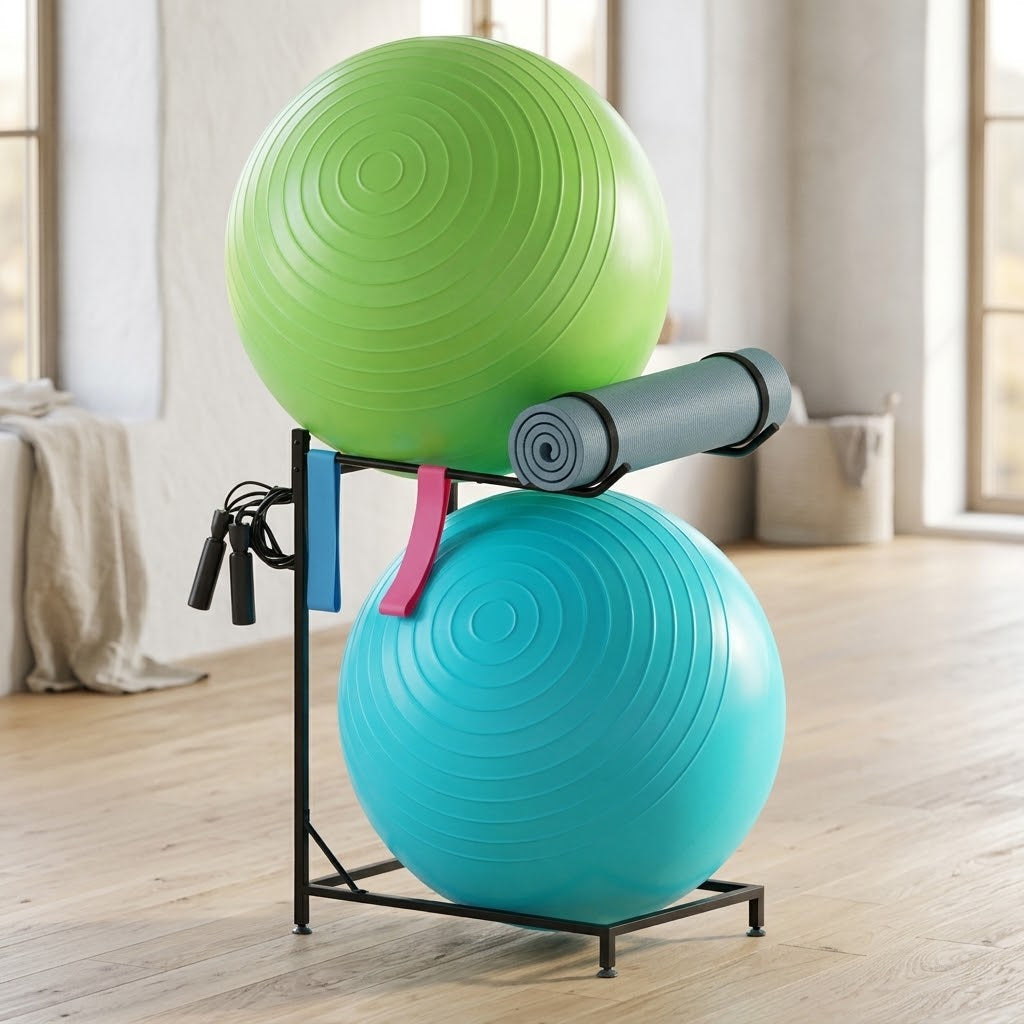 Two-Tier Exercise Ball Rack with Hooks, Carbon Steel Floor Stand