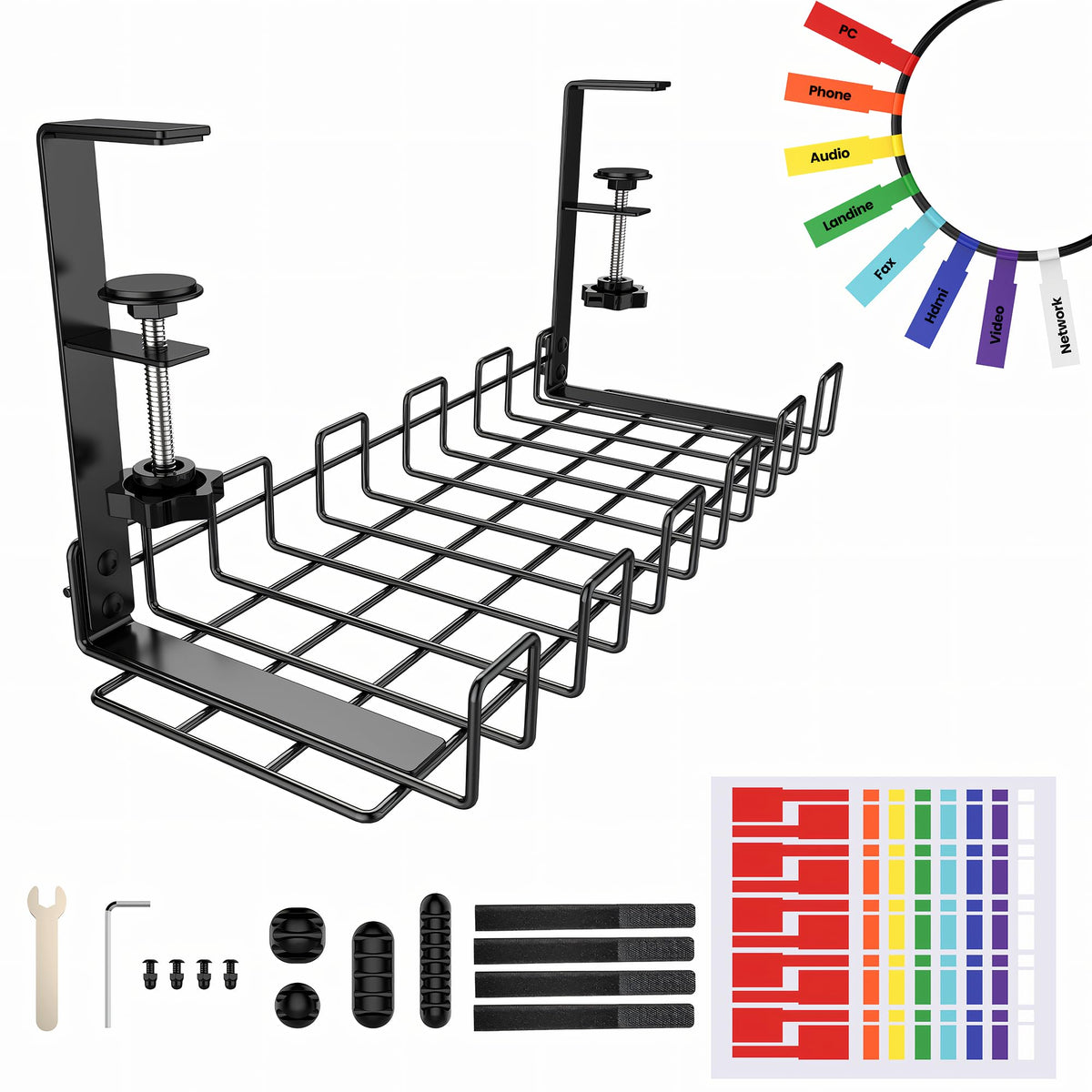 No-Drill Under-Desk Cable Tray with Clamps and Cord Labels, 15.7 in