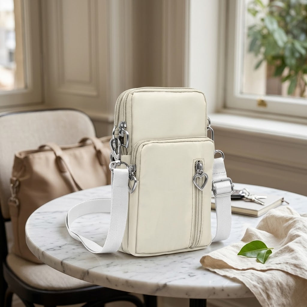 Small Nylon Crossbody Phone Bag with 4 Zip Pockets, Off White