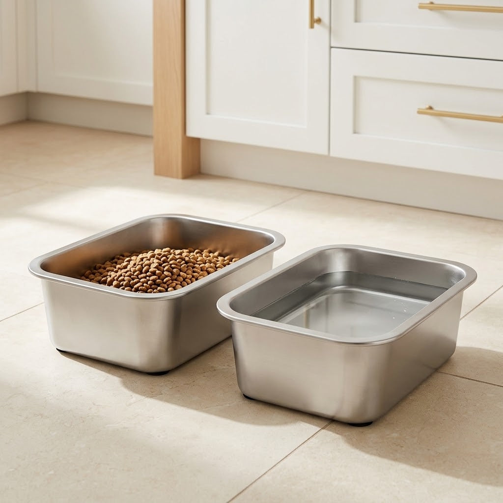 Large Rectangular Stainless Steel Dog Bowls, 1.2 Gallon, Set of 2