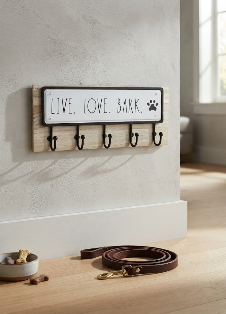Wall-Mount Metal Dog Leash Holder with Hooks, Light Wood