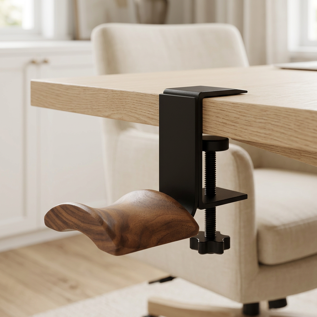 Under-Desk Walnut and Aluminum Headphone Hanger, Clamp or Screw Mount