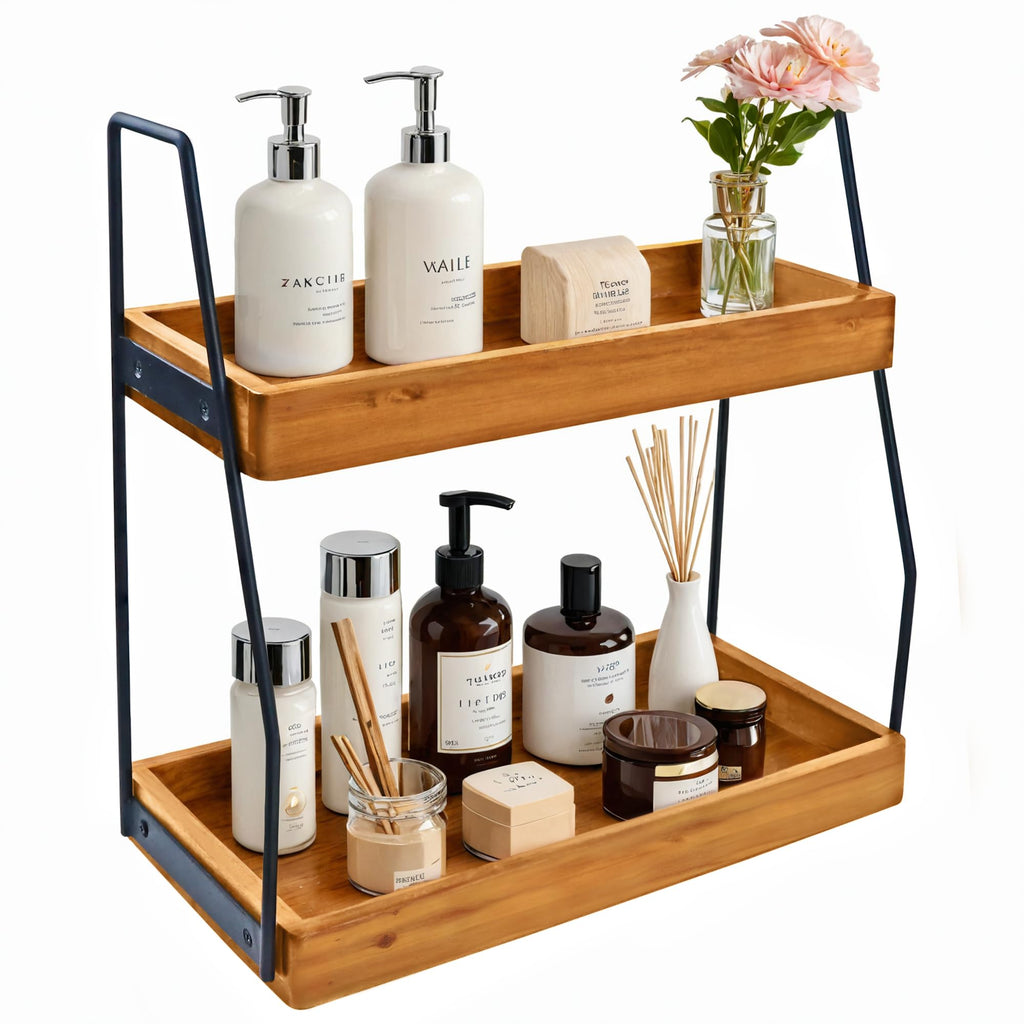 2-Tier Acacia Wood Countertop Organizer with Handle, 14 x 6.7 in