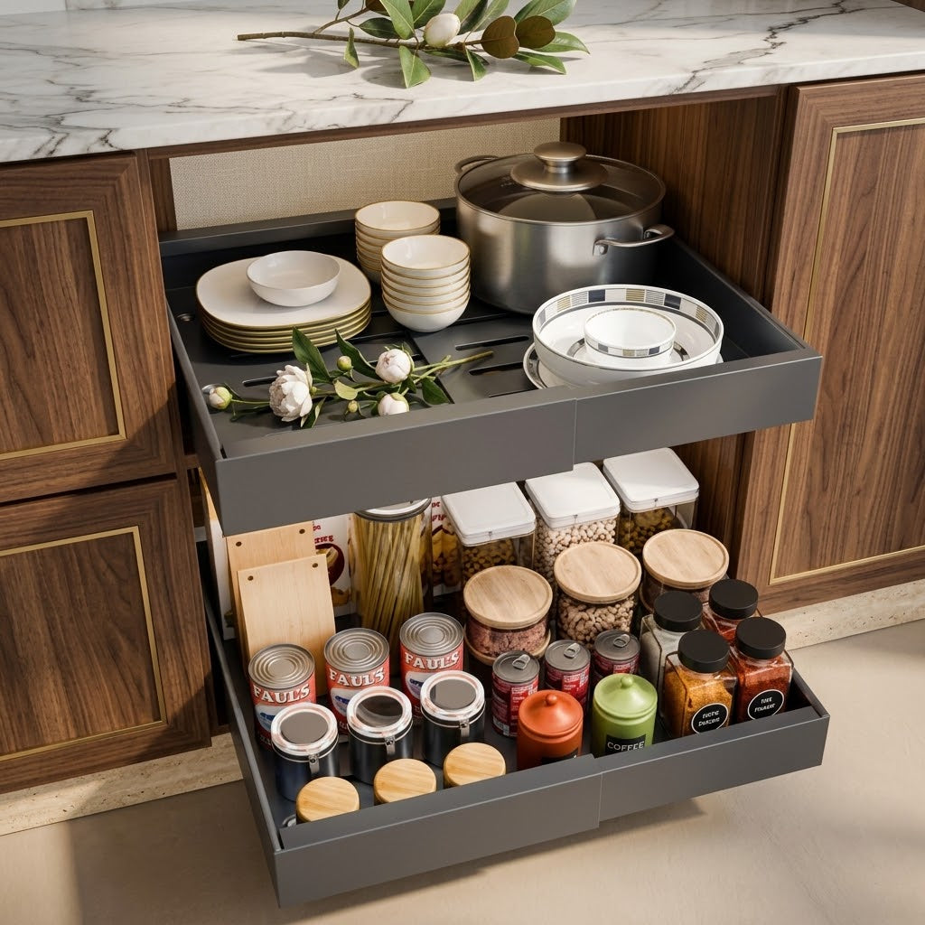 3-Rail Pull-Out Cabinet Organizer, Expands 12.6 to 20.5 in, Gray