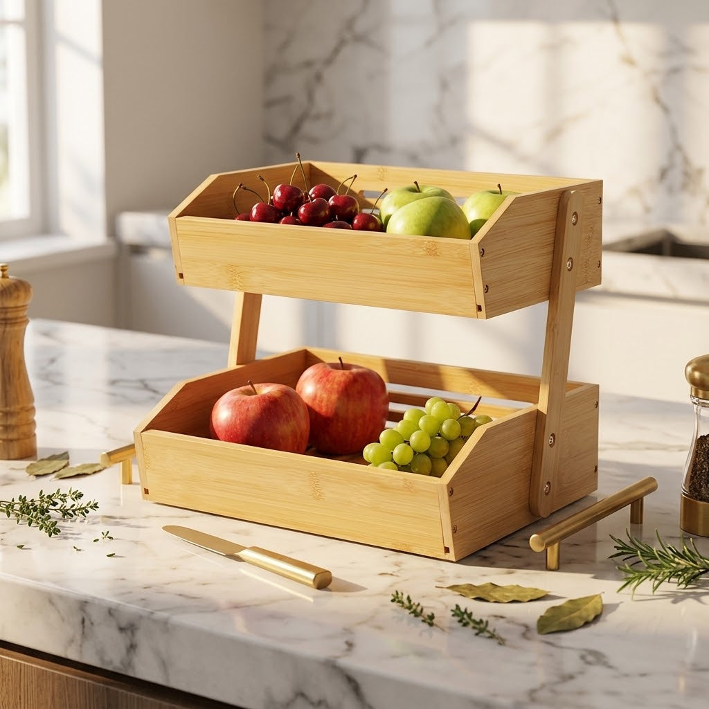 2-Tier Bamboo Fruit Basket Stand for Kitchen Counter