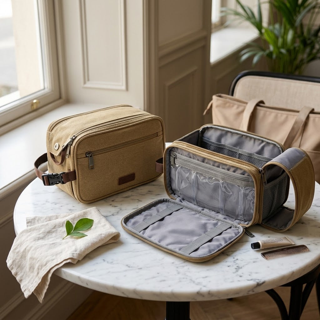 Water-Resistant Canvas Toiletry Bag with Hanging Strap, Khaki