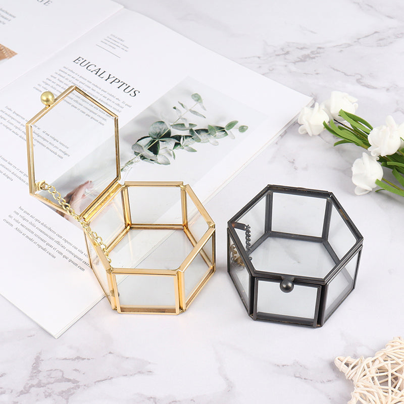 Hexagonal Clear Crystal Jewelry Box with Gold Trim, 8 x 7 cm