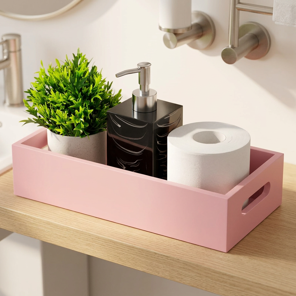 Pine Wood Toilet Tank Basket with Handle, Pink
