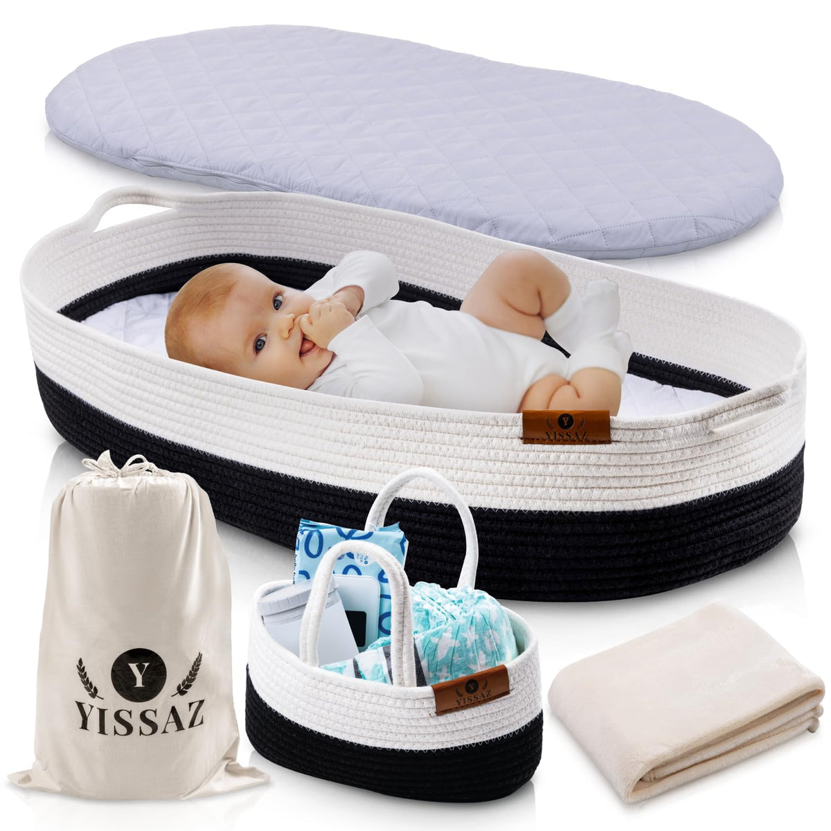 5-in-1 Cotton Baby Changing Basket Set with Caddy and Waterproof Pad