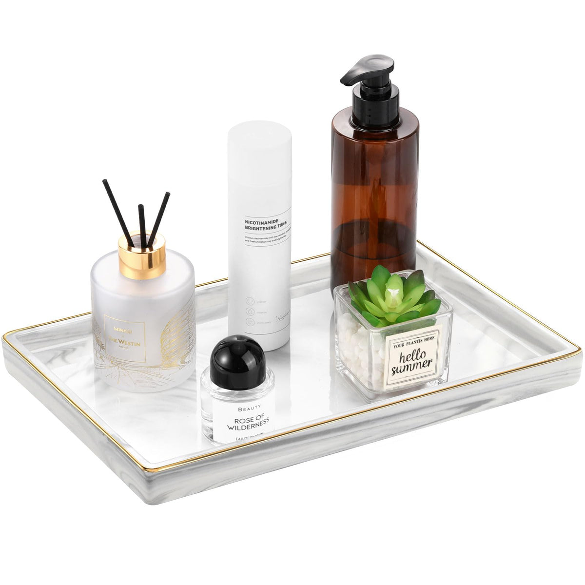 Marble-Pattern Ceramic Vanity Tray with Gold Rim, 30 x 20 cm