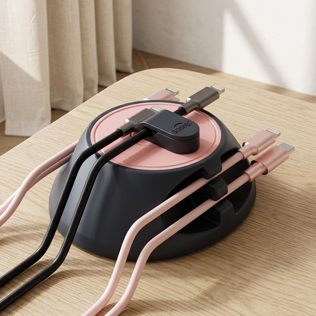 3-in-1 Magnetic Cord Holder with 4 Side Slots, Dark Grey and Pink