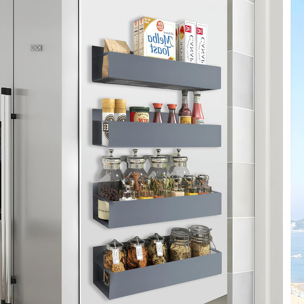 Stainless Steel Magnetic Spice Shelves, 2 Sizes, Grey, Set of 4