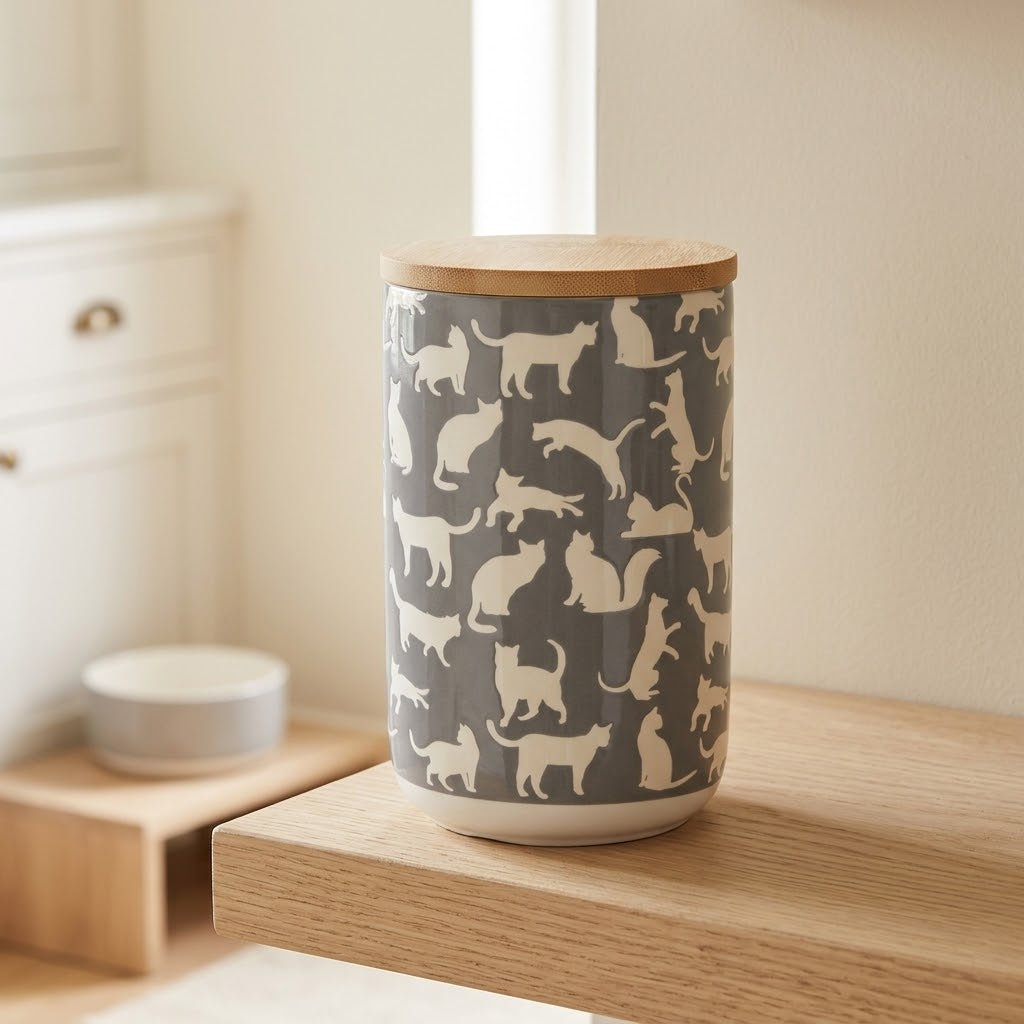 Ceramic Cat Treat Jar with Bamboo Lid, 4 x 6.5 in, Grey
