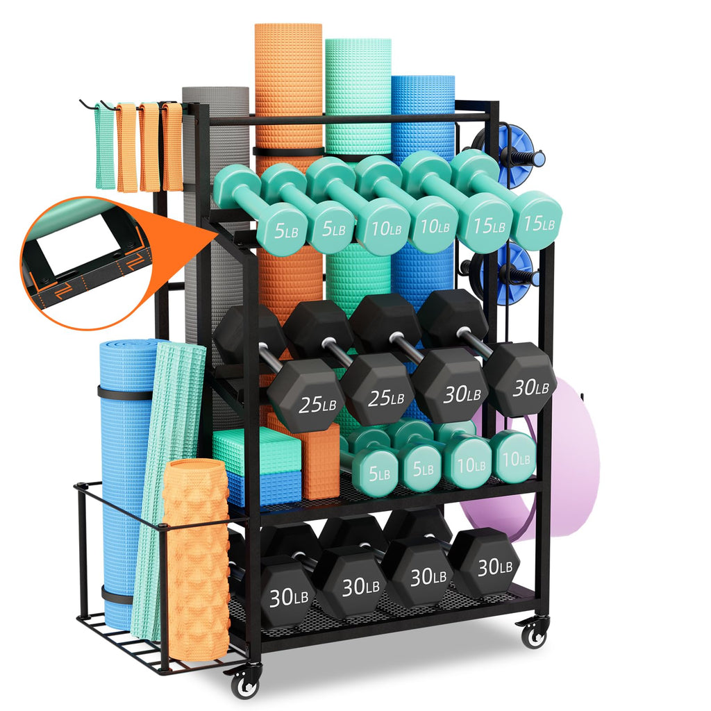 Heavy-Duty 600 lb Dumbbell Rack with Mat Storage and Lockable Wheels