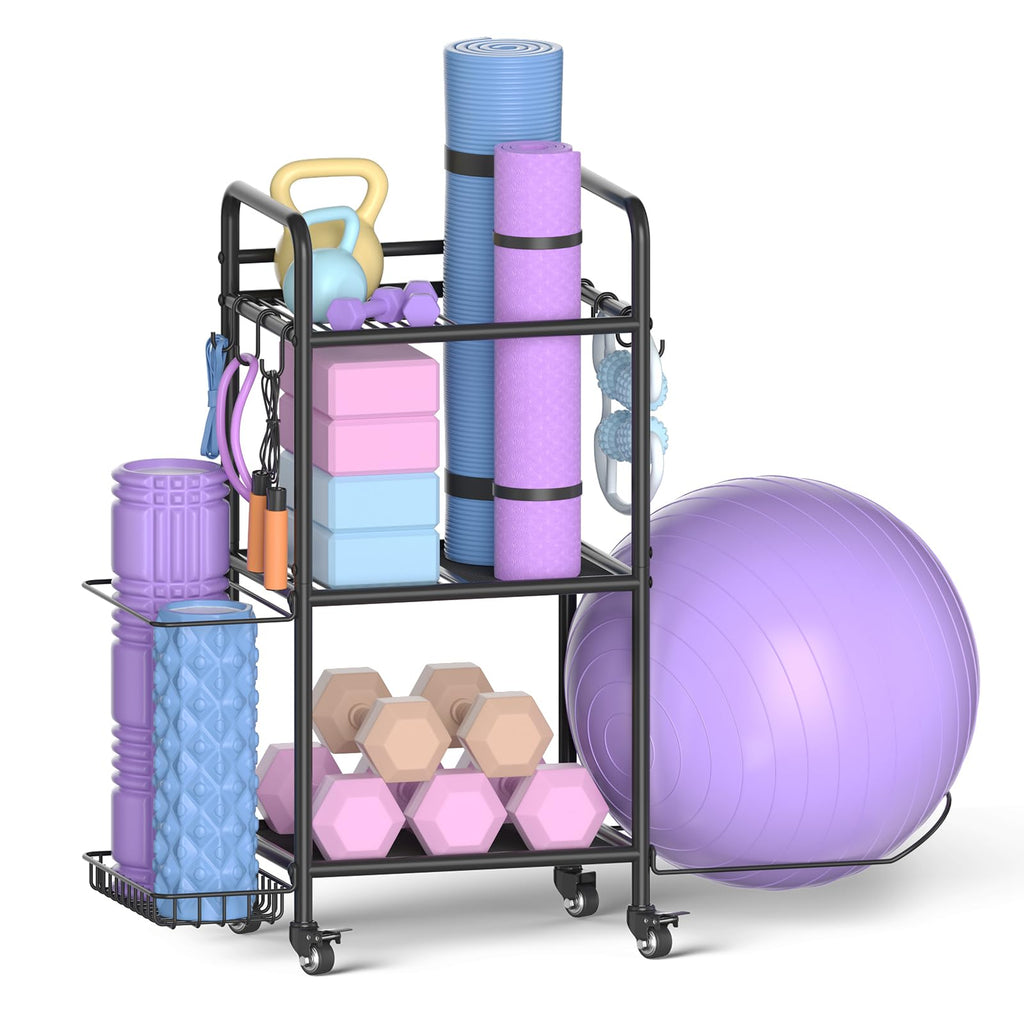 Compact Home Gym Storage Rack with 3 Mesh Shelves and Lockable Wheels