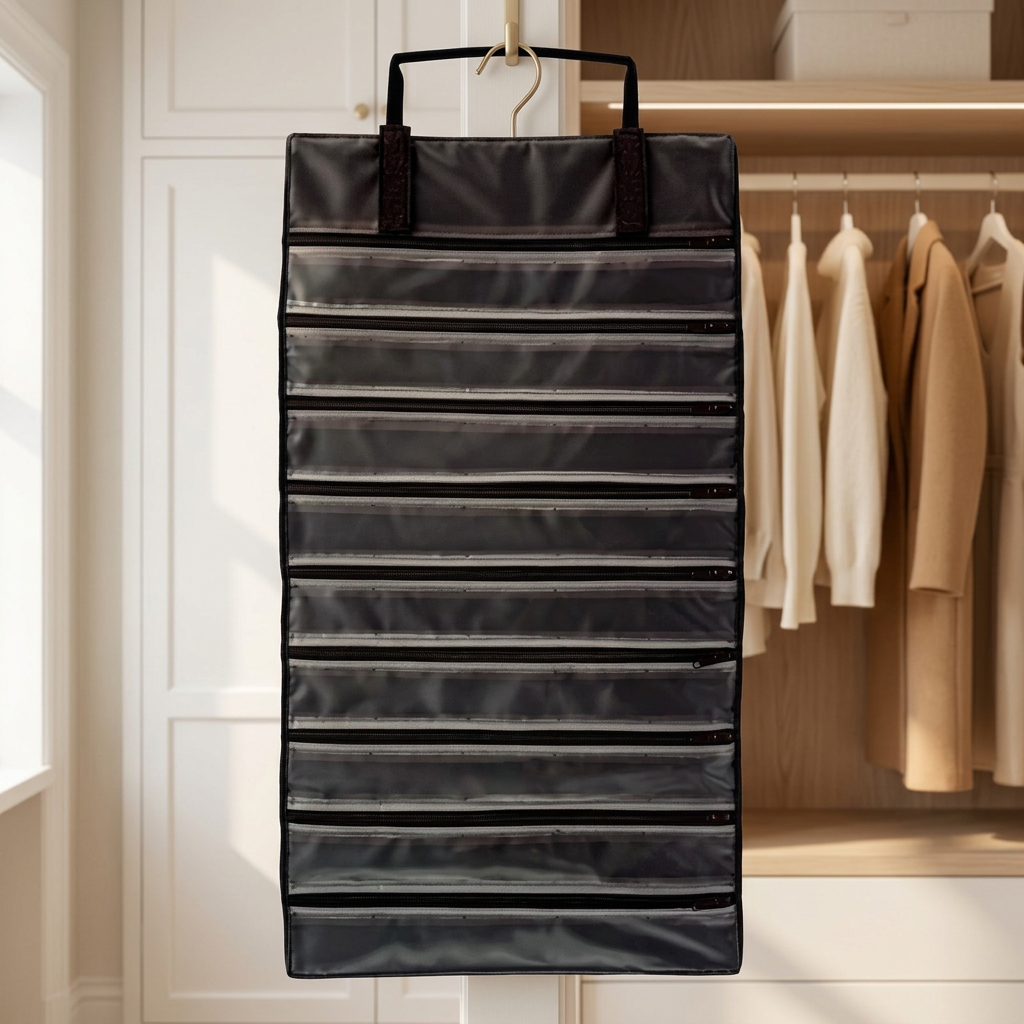 Velvet Travel Jewelry Roll with 9 Zipped Pockets, Coffee
