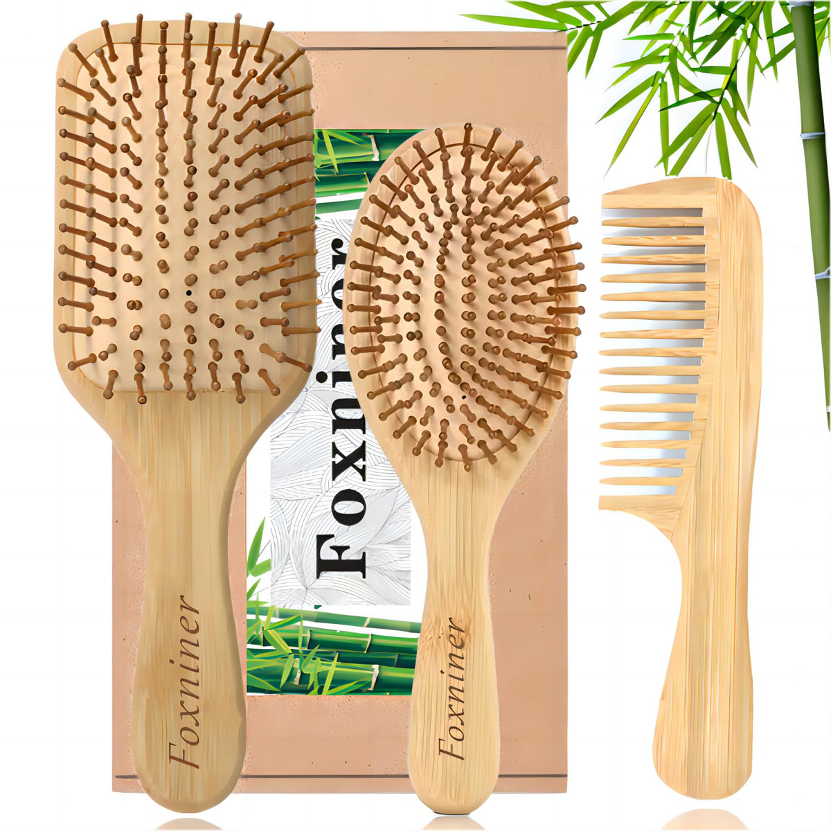 Bamboo Paddle Hair Brush and Comb Set with Air Cushion