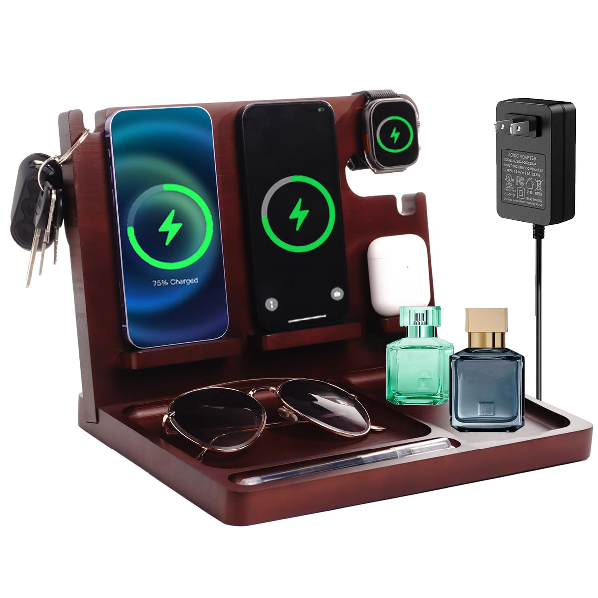 Bamboo Wireless Charging Station for 2 Phones, Watch and Earbuds