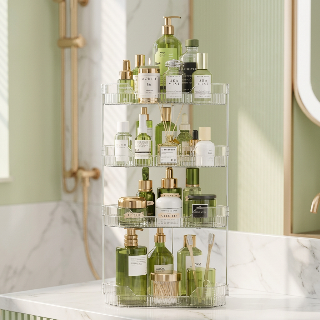 4-Tier Diamond-Shaped Corner Bathroom Organizer, Clear PET